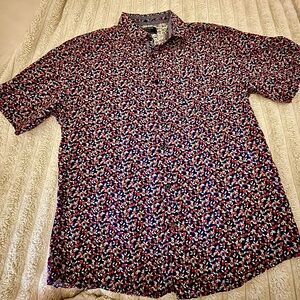 Men's Navy Short-Sleeve Button-Down Shirt with Red and White Floral Print